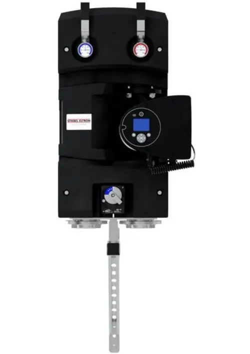 Produktfoto des "STIEBEL ELTRON Netzpumpenmodul PM-G 3, 204232" in Schwarz, mit Anzeigen und einem Installationsstab.